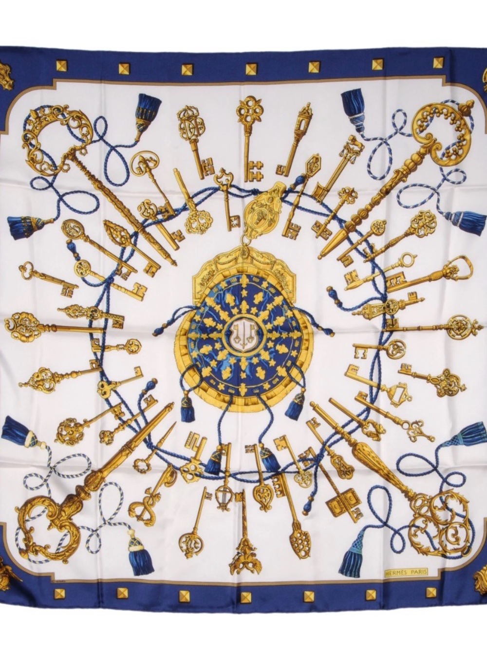 Hermes White Blue and Gold Keys Print Silk Scarf
